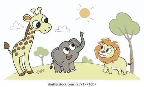 Cute cartoon animals.Kindegarten funny baby Kids animal, giraffe, elephant, and lion Kids drawing illustration, vector children color