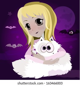 Cute cartoon anime blond girl with white cat