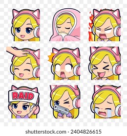 Cute cartoon anime gamer girl emotions sticker vector illustration