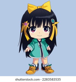 Cute cartoon anime girl with black hair