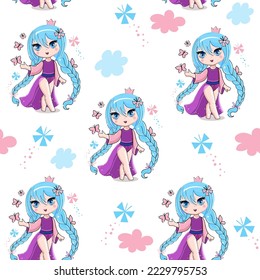 Cute cartoon anime girl with blue hair and pink butterflies seamless pattern. Vector illustration in kawaii style for girl