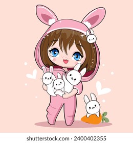 Cute cartoon anime girl in bunny costume with little bunnies on a pink background isolated. Vector illustration print for children t-shirt