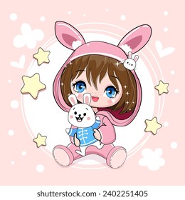 Cute cartoon anime girl with bunny on a pink background isolated. Anime Vector illustration print for kids