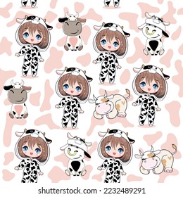 Cute cartoon anime girl with in cow costume and little cows on a white background seamless pattern. Vector illustration print for children t-shirt