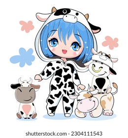 Cute cartoon anime girl in cow costume with little funny cows on a white background isolated. Vector illustration print for children t-shirt