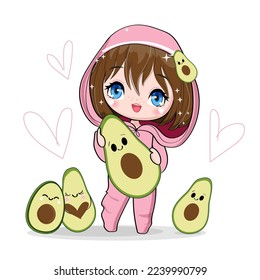 Cute cartoon anime girl with funny avocados. Vector illustration print for children t-shirt on white background