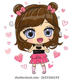 Cute cartoon anime girl with heart on a white background