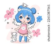 Cute cartoon anime girl with little kittens and funny clouds. Vector illustration print for children t-shirt