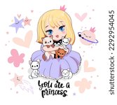 Cute cartoon anime girl with little kittens. Little princess in kawaii style. Vector illustration print for t-shirt