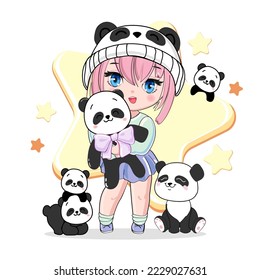 Cute cartoon anime girl with panda toys. Vector illustration print for t-shirt