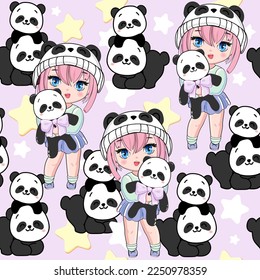 Cute cartoon anime girl with panda and stars. Vector illustration print for children t-shirt in kawaii style seamless pattern