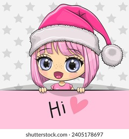 Cute cartoon anime girl with pink hair and pink Santa hat