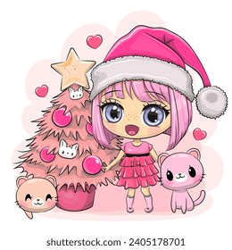 Cute cartoon anime Girl with pink Christmas tree