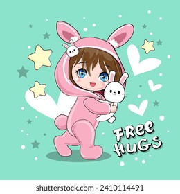 Cute cartoon anime girls and bunny on a mentol background. Anime Vector illustration print for kids. Funny rabbit