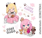 Cute cartoon anime girls with little kittens and dogs. Vector illustration print for t-shirt
