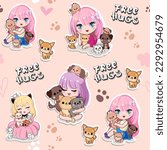 Cute cartoon anime girls with little kittens and dogs seamless pattern. Fashion patch stickers. Vector illustration print in kawaii