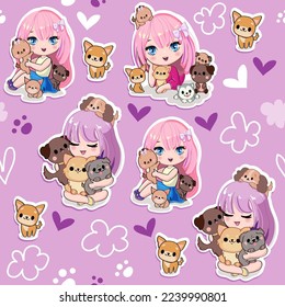 Cute cartoon anime girls with little kittens and dogs seamless pattern on a purple background. Vector illustration print in kawaii style