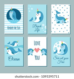 Cute cartoon anime narwhal romance cards. Posters with funny kawaii baby unicorn whale vector characters. Illustration of banner with sea animal template