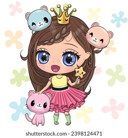 Cute cartoon anime Princess with three kittens