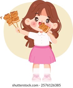 Cute cartoon anime woman enjoy to eating moo-ping or Thai-Style Grilled BBQ Pork.