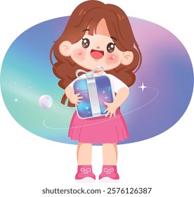 Cute cartoon anime woman with gift box and galaxy wallpaper background.