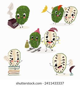Cute cartoon annona, graviola, guanabana   character set, collection. Flat vector illustration. Activities, playing musical instruments, sports, funny fruits.
