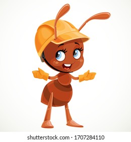 Cute cartoon ant in a construction helmet shows to the side and tells something isolated on white background