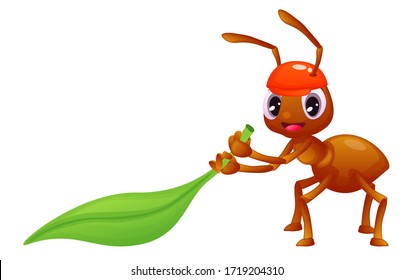 Cute cartoon ant with a hat is dragging a green leaf, smiling