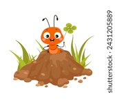 Cute cartoon ant looking from ground hill. Funny insect on ant hill with green plant. Nature forest or garden character, nowaday vector print template