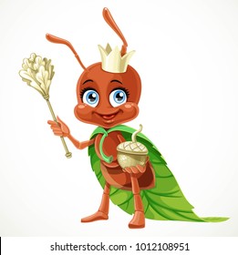 Cute cartoon ant queen in a cloak of green leaves with an acorn scepter isolated on a white background