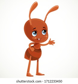 Cute cartoon ant tells something and shows aside with his hand isolated on white background