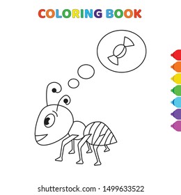 cute cartoon ant thinking about sweety coloring book for kids. black and white vector illustration for coloring book. ant thinking about sweety concept hand drawn illustration