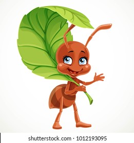 Cute cartoon ant uses green leaf of the tree as an umbrella isolated on a white background