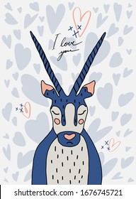 Cute cartoon antelope hand drawn character with I love you typography. Deer illustration with hearts. Savanna, jungle, rainforest fauna. Gazelle, doe clipart. Romantic poster. Flat vector illustration