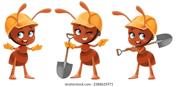 Cute cartoon ants in construction helmet with a shovel in hand and shows somewhere to the side isolated on white background