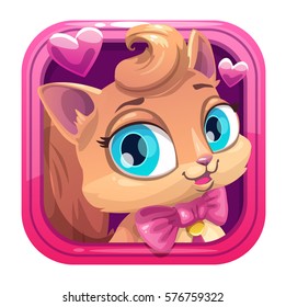 Cute cartoon app icon with pretty cat face. Vector asset for mobile game design.