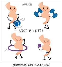Cute, cartoon appendicitis. Set of happy healthy smiling characters doing sports. Vector illustration. For logos, packaging, brochures, advertising, design