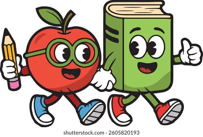 Cute Cartoon Apple and book Holding Each other and Pencil, Giving Thumbs Up pose. Fun and Friendly Fruit Character vector art mascots. Vector Illustration for kids isolated on white background. 