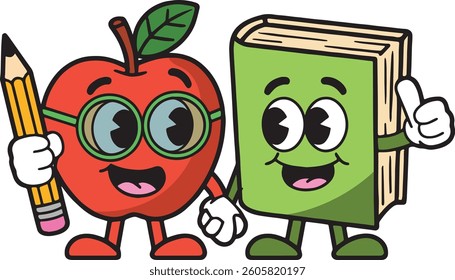 Cute Cartoon Apple and book Holding Each other and Pencil, Giving Thumbs Up pose. Fun and Friendly Fruit Character vector art mascots. Vector Illustration for kids isolated on white background. 