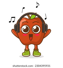 Cute cartoon apple character listening to music and enjoy. Vector character illustration icon isolated on white. apple Fruit cartoon mascot character Listening music on a headset
