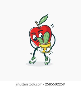 A cute cartoon apple character struggles to carry a small potted cactus plant.