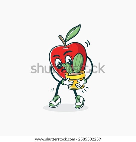 A cute cartoon apple character struggles to carry a small potted cactus plant.