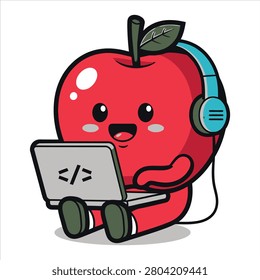 Cute cartoon apple character wearing headphones and working on a laptop vector illustration