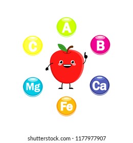 Cute cartoon apple characters with vitamins and minerals symbol vector illustration isolated on white background.