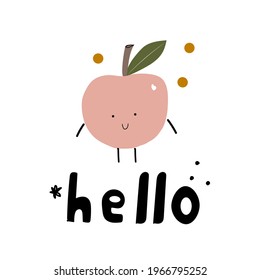 cute cartoon apple with hands and eyes. handwritten text. poster for children. beautiful fruit. child's drawing for t-shirt print design.