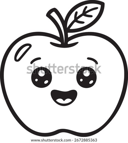 Cute cartoon apple with happy face line art illustration