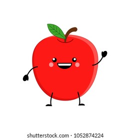 Cute cartoon apple. Kawai apple. Vector illustration isolated on white background.