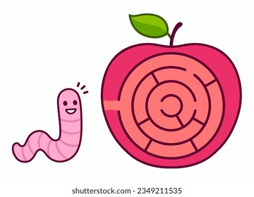 Cute Cartoon Apfel Labyrinth, hilf dem Wurm die Mitte zu finden. Puzzle für Kinder. Einfache Vektorgrafik.
