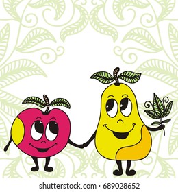 Cute cartoon apple and pear. Vector illustration.