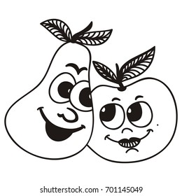 Cute cartoon apple and pear. Vector illustration.